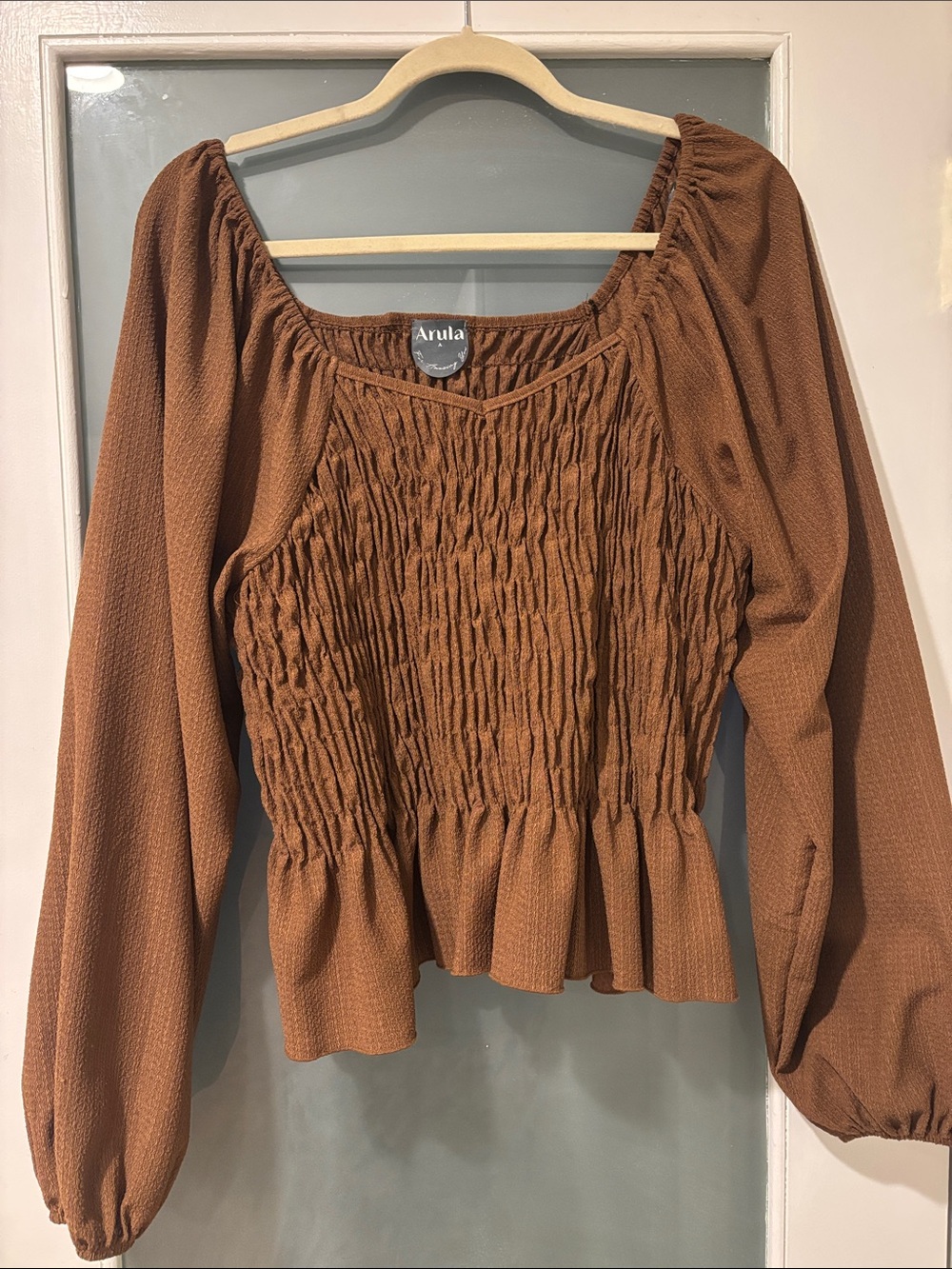 ARULA Rust Brown Smocked Peasant Blouse